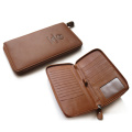 Brown long wallet for men zipper design made in smooth and soft leather