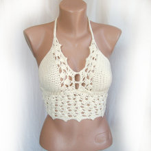 Mulheres Handmade Crochet Top Colher Top Halter