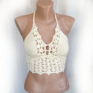 Mulheres Handmade Crochet Top Colher Top Halter