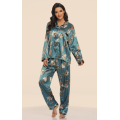 Women Satin Printed Long Sleeve Sleepwear Pajamas