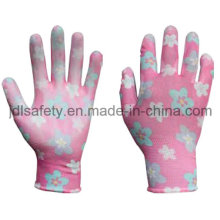 Printed Polyester Work Glove with PU Palm Coated (PN8014-4)