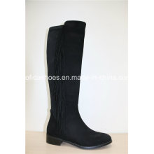 Última moda plana PU botas de mujer con franjas