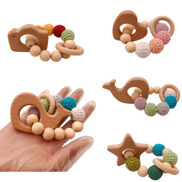 Wooden Teether Hedgehog Crochet Beads Wood Crafts Ring Engraved Bead Baby Teether Wooden Toys For Baby Rattle