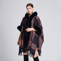 Women's Faux Rabbit Fur Collar Hooded Shawl Cape