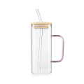 13oz High Borosilicate Square Glass Cup with Straw
