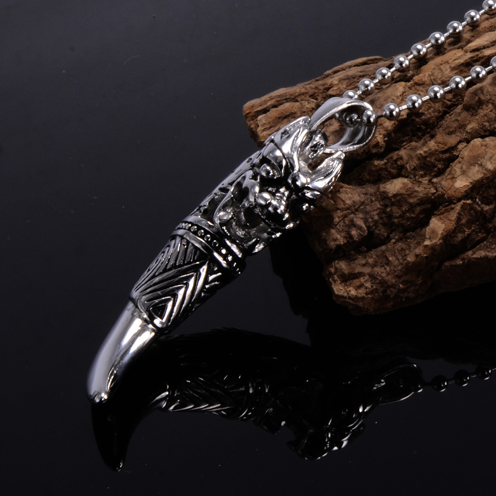 Antique Stainless Steel Mens Wolf Tooth Pendant Necklace