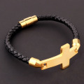 Stainless steel mens leather sideways cross bracelet