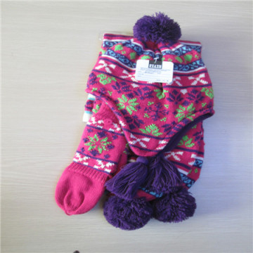 girl's Jacquard knitted gloves scarf hat