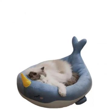 Whale style semi-enclosed plush cat house with mat