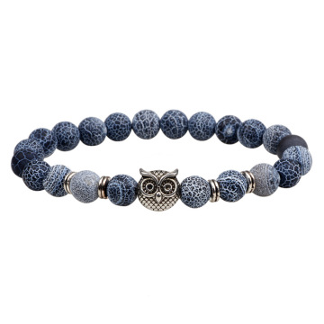 Men's natural stone bead owl charm bracelet