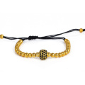 24K Gold 4mm beads and 8mm Micro Pave Black CZ Beads Braid Macrame Bracelet for Men