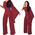 Solid One Shoulder Long Sleeve Wide Leg Jumpsuits