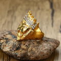 Venta al por mayor de Iced Out Jewelry Crystal Gold Lion Ring