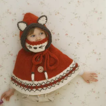 Cape shawl cap children cartoon rabbit ears handmade wool baby winter warm hat