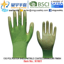 13G Полиэфирные оболочки с нитриловыми перчатками (N1601) Гранулированная отделка с CE, En388, En420, рабочие перчатки