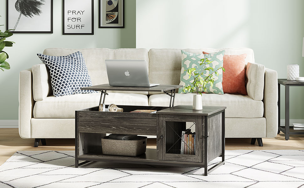 Industrial Lift Top Coffee Table, 3-Tier Cocktail Table, Metal Mesh Cabinet Door with Hidden Compartment Industrial Lift Top Coffee Table, 3-Tier Cocktail Table, Metal Mesh Cabinet Door with Hidden Compartment