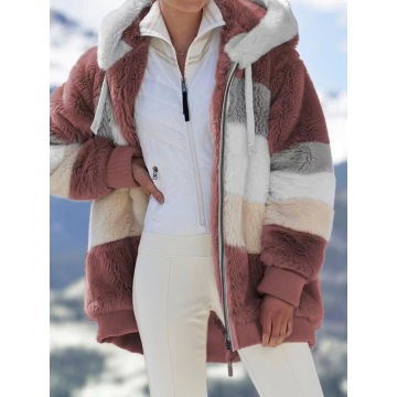 Chaqueta de vellón borrosa de invierno para mujer con capucha