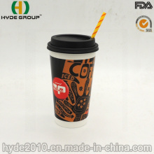 16oz Fancy Double Wall Coffee Paper Cup with Lid Straw
