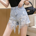 Women's high-Waist Diamond-Studded Fringed Denim Pants