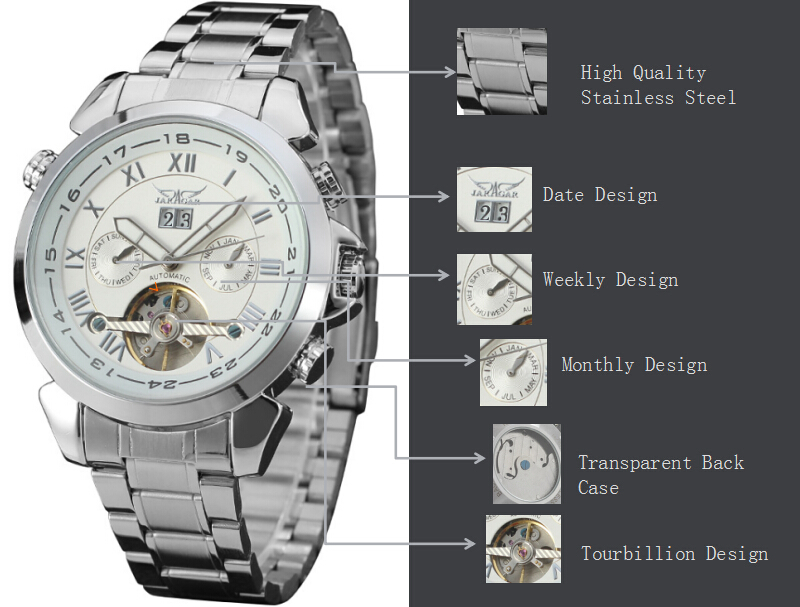 All stainless steel mens date mechanical watches