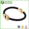 Black genuine leather gold lion head  stainless steel bracelet