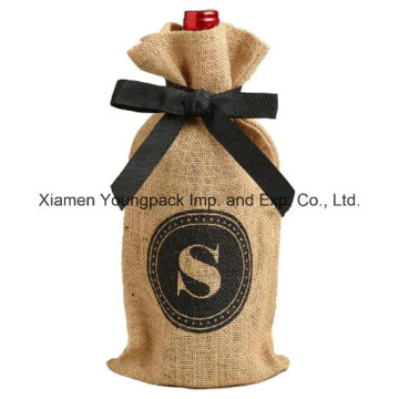 Ribbon Closure Promotional Natural Jute Burlap Wine Gift Bag