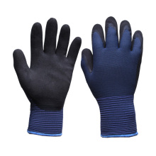 Blue Polyester Outside Shell, Gray Terry Brushed Inside, Knitted Working Gloves Coated with Black Sandy Nitrile on Palm (N1611)