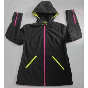 Yj-1072 Ladies Black Fleece Waterproof Breathable Softshell Jacket with Hood Women′s