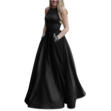 Frauen lang Perlenhalter Satin Prom Kleid