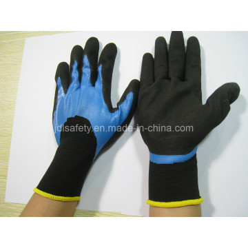 Luva de nitrilo azul 3/4 do revestimento e construções areia preta na palma da mão (N1572)