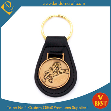 Vente en gros Custom Gold Plating Lion Badge Porte-clés en cuir en métal pour cadeaux promotionnels