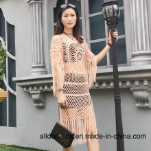 Nova moda mão crochet verão vestido longo com franjas