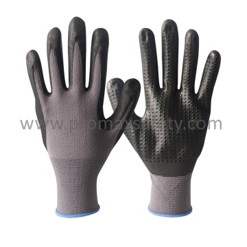 15g graue Nylon Handschuhe mit schwarzem Ultra Thin Foam Nitril und Mini Dots auf Palm
