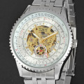 winner skeleton rotating dial watch alloy case with stainless steel band watch