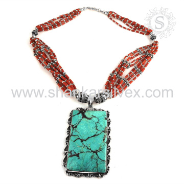 Eye Tempting Gemstone Jóias Coral Turquoise Necklace Exportador 925 Sterling Silver Jewelry