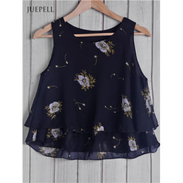 Guangzhou Round Collar Floral Pattern Loose Chiffon Women Tank Top