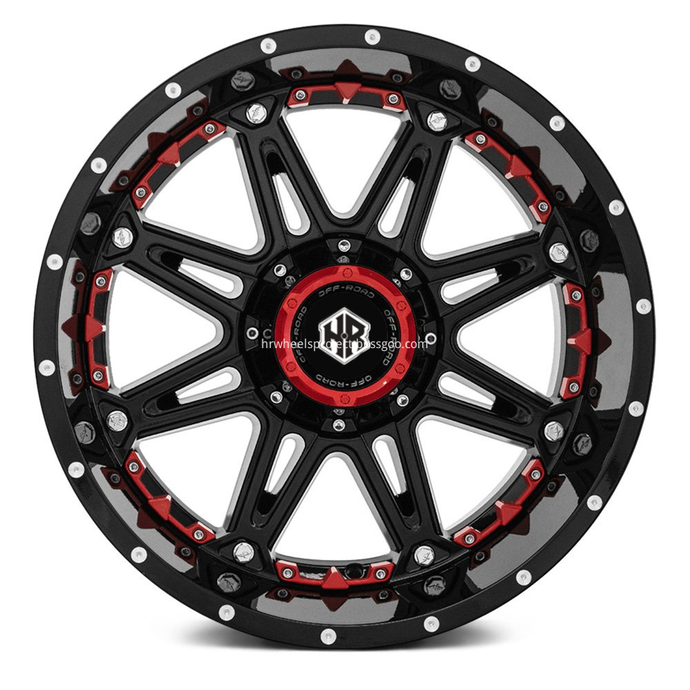 Hrw Off Road Truck Wheels Hr8048 Gloss Black Red Milled Accents Red Dots Front