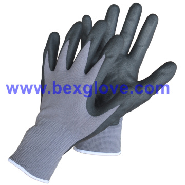 15gauge Nylon / Spandex Liner, revestimiento de nitrilo, guantes de seguridad de micro-espuma