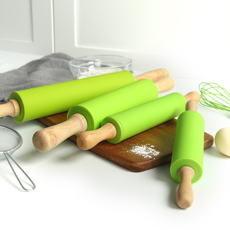 Silicone Rolling Pin with Wooden Handles