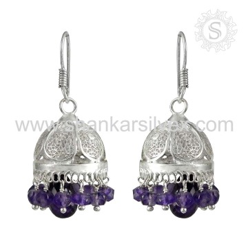 Geminação com Gemastone com aquecimento de coração Brinco de ametista Jóias de prata artesanal Jhumka Earring Supplier