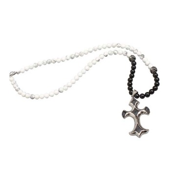 Agate Stone Bead Stainless Steel Cross Pendant Necklace