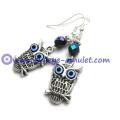 Evil Eye Owl Dangle Earrings, Antique Silver Blue Earrings