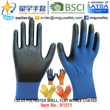 13G U3 Poliéster Shell Nitrile Palm Coated Gloves (N1511) Liso acabamento com CE, En388, En420, Luvas de trabalho