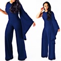 Solid One Shoulder Long Sleeve Wide Leg Jumpsuits