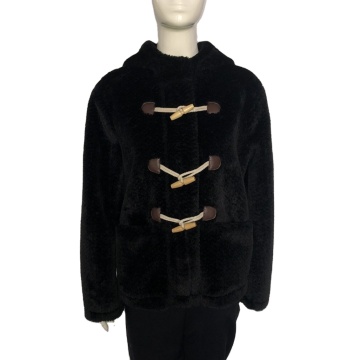 Women Hood Trimmed Mink Faux Fur Coat