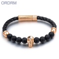 Leather rose gold skull charm onyx bead bracelet