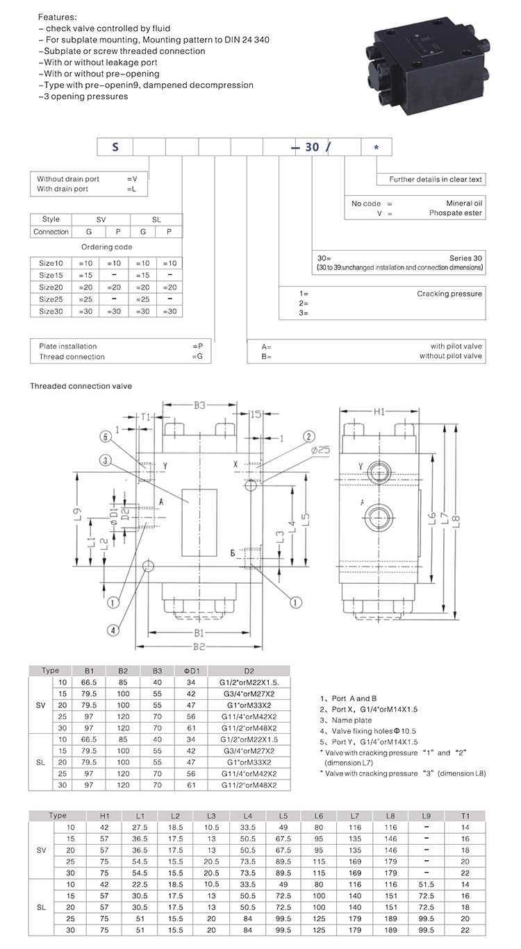 SV SL series poppet type hydraulic pilot operated check valves