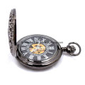 Black Mechanical Skeleton Pocket Watch with Chain Fob Men Woman