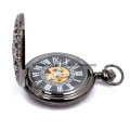 Black Mechanical Skeleton Pocket Watch com Cadeia Fob Homens Mulher