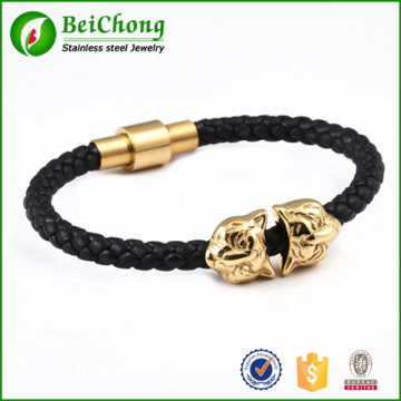 Tête de lion d'or en cuir véritable noir bracelet en acier inoxydable